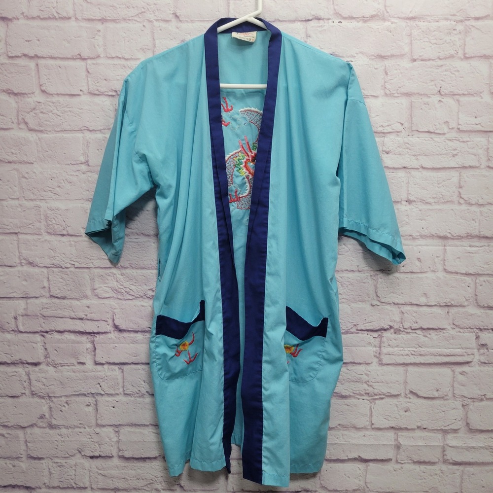 VTG Plum Blossom Kimono Robe M Embroidered Dragon Boho Festival Oriental *FLAW